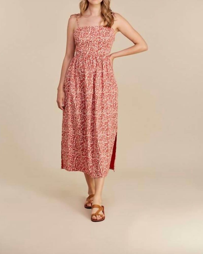 Front of a model wearing a size L Vivana Floral Dress in Red Floral in Red Floral by People Tree. | dia_product_style_image_id:342697